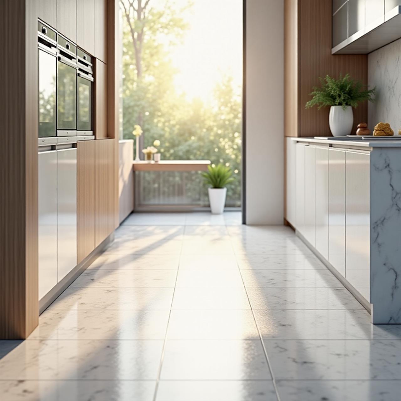 Immaculate modern kitchen featuring gleaming ceramic tiles and polished surfaces