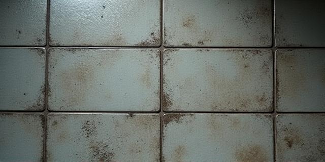 Heavily stained bathroom grout before cleaning