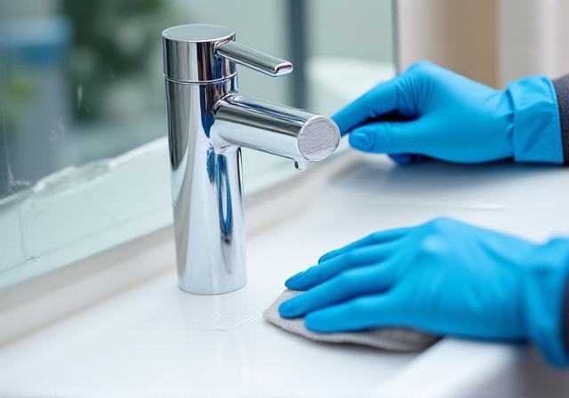 A professional cleaner focusing on high-end ceramic tiles in a modern bathroom
